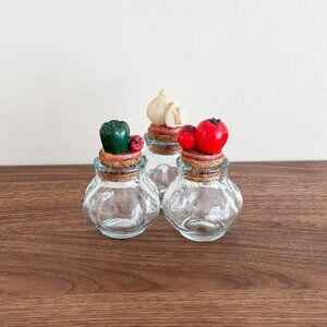 Vintage Vegetable Glass Spice Jars with Cork Tops - Set of 3 Kitchen Decor